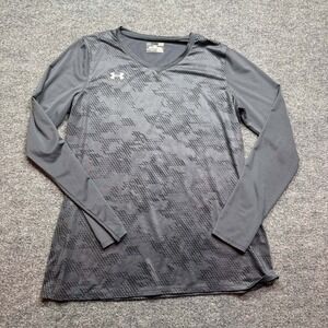 Under Armour HeatGear  Shirt Womens LG Gray Camo Long Sleeve Fitted Top Athletic